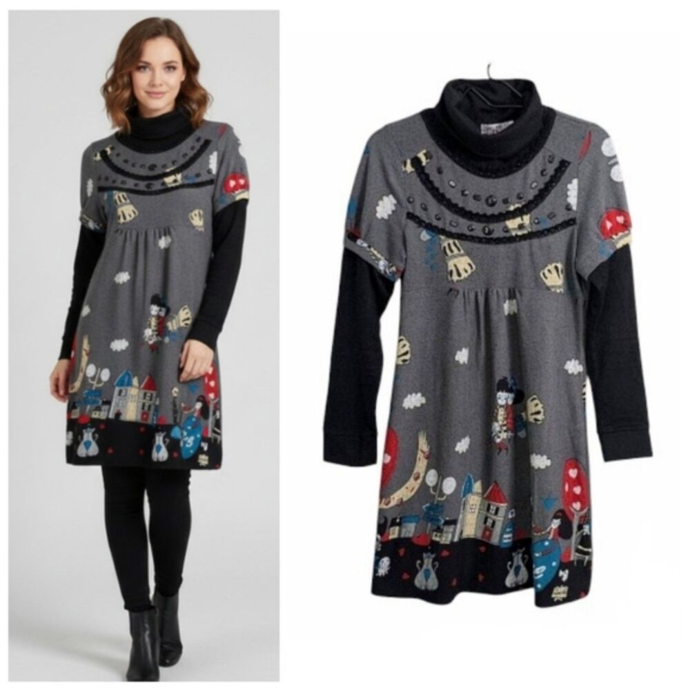 Funky People Gray Printed Turtleneck Sweater Dress Long Sleeve Embellished Fun M